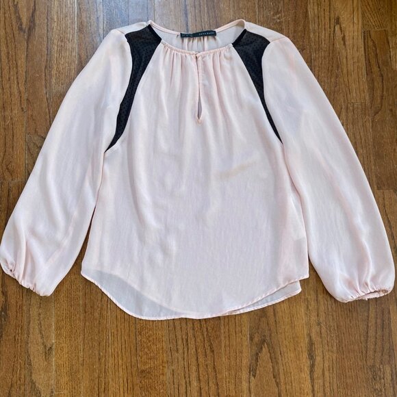 Zara Blouse Chiffon Light Pink Balloon Sleeves Sheer Lace Paneling Womens Small - Picture 4 of 7